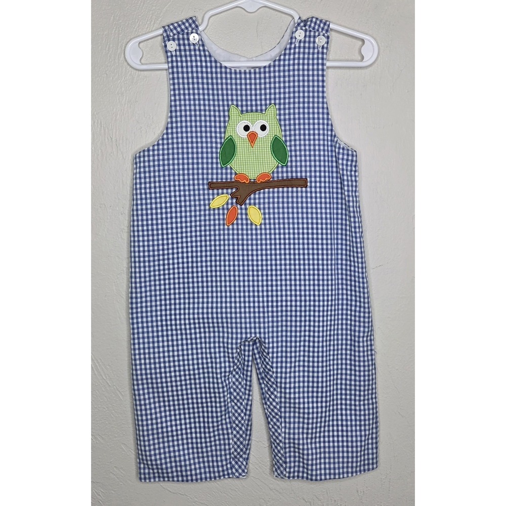 Petite Palace Owl Applique Jon Jon Shortall Romper Baby Boy Size 6 Months Blue